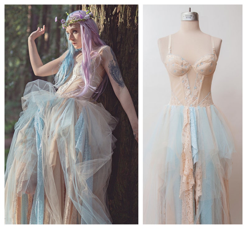 Tulle Lace Faerie Gown Upcycled Floral Embroidered Tutu Etsy