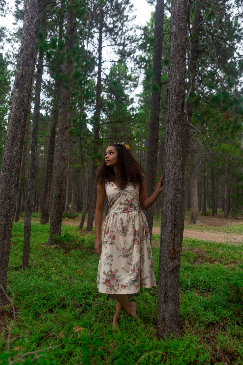 Brown Tan Beige Boho Cotton Midi Sleeveless Summer Style Hippie Festival Fashion Tea Length Plunge Neckline Floral Print Dress