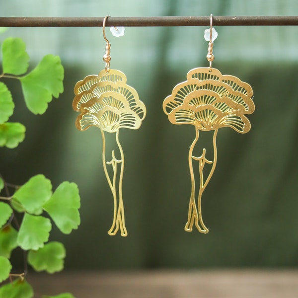 Mushroom Lady Earrings | Witchy Chanterelle Fungi Dangles | Brass Gold Tone Fairycore Fantasy Jewelry | Cottagecore Toadstool Legs Charm