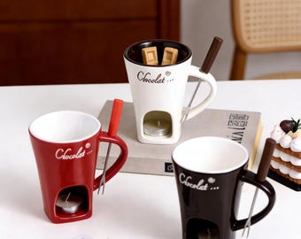 Schweizer Schokoladen-Fondue-Becher-Set | Keramik Fondue Topf mit Gabel | Rot, Weiß, Braun | 130ml