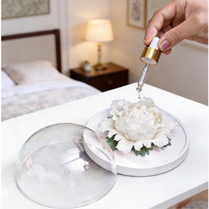 Può includere: Un oggetto decorativo a forma di peonia bianca su una base circolare bianca, con una cupola di vetro trasparente. Un contagocce eroga liquido sulla peonia. Lo sfondo include una camera da letto con un letto e una lampada.