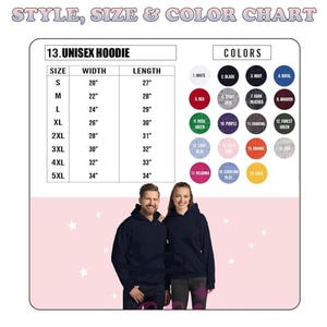 May include: A size and color chart for unisex hoodies. The chart lists sizes S to 5XL with corresponding width and length measurements in inches. Color options include white, black, navy, red, and more. Two people are wearing navy blue hoodies.