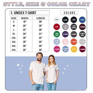 May include: A chart displaying t-shirt sizes and colors. The size chart lists unisex t-shirt sizes from S to 5XL, with corresponding width and length measurements in inches. A color chart shows 20 color options, including white, black, navy, and red.