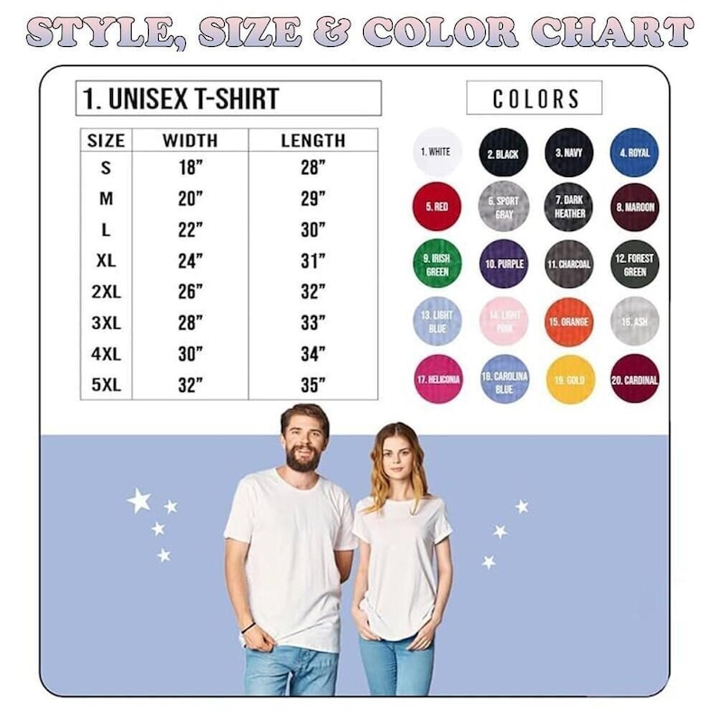 May include: A chart displaying t-shirt sizes and colors. The size chart lists unisex t-shirt sizes from S to 5XL, with corresponding width and length measurements in inches. A color chart shows 20 color options, including white, black, navy, and red.