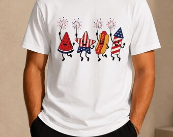 Comfort Colors Patriotic Doodle, Retro American Shirt, Funny Sumer 250th Shirt, Cute Fourth of July Shirt, Watermelon Hotdog Firework Shirt
