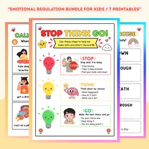 Può includere: Un pacchetto di regolazione emotiva per bambini con sette fogli stampabili. Il foglio centrale mostra una guida Stop Think Go con icone di lampadine rossa, gialla e verde, illustrazioni di un cervello e di una persona, e istruzioni testuali.