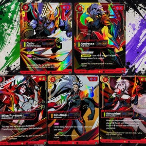 May include: Five rectangular trading cards featuring colorful illustrations of fantasy characters named Galio, Ambessa, Miss Fortune, Xin Zhao, and Seraphine. Each card displays character names, ability text, numerical stats, and holographic foil accents.