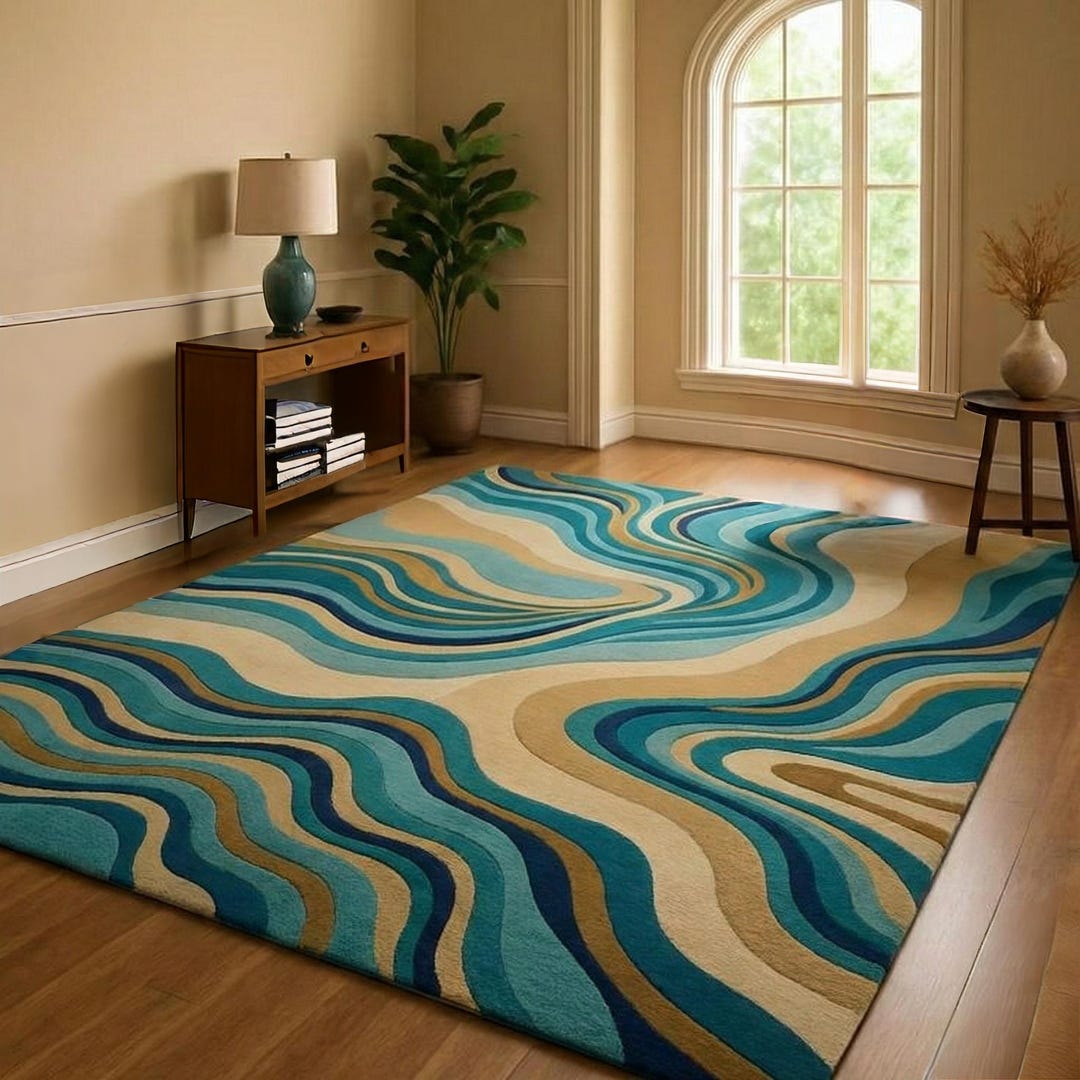Blue Green Abstract Wave Rug Living Room, Modern Tufted Wool Rug Teal ...