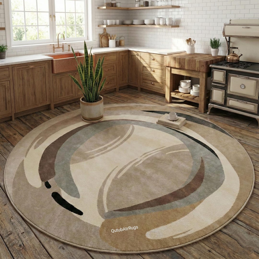 Textured Neutral Round Rug Hand Tufted Wool Round Rug – Neutral Abstract Circle Carpet for Modern ...