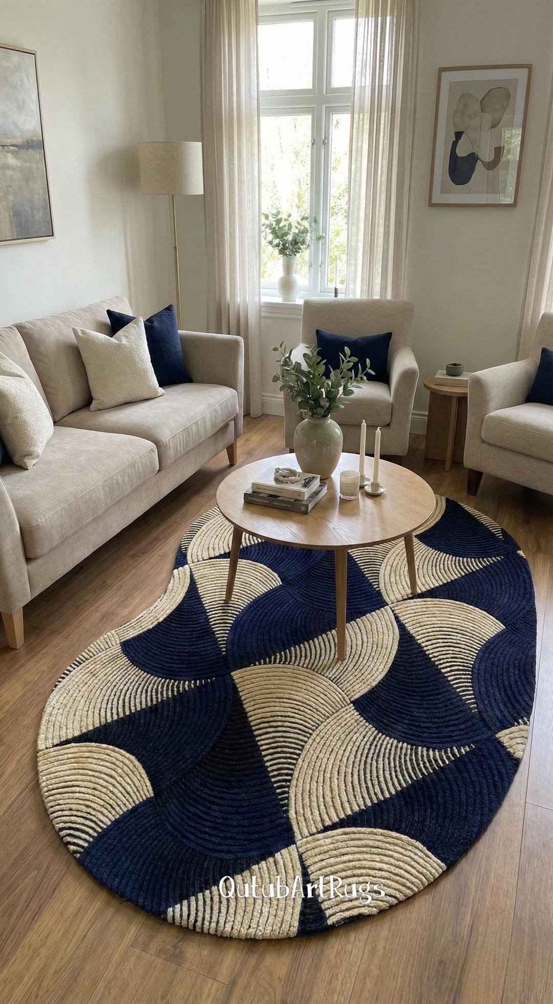 Hand Tufted Wool Oval Rug – Modern Abstract Wave Pattern Carpet ...