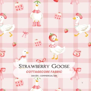 May include: A pink and white plaid fabric design featuring whimsical illustrations of white geese wearing strawberry hats and pink accessories. The words "STRAWBERRY GOOSE COTTAGECORE FABRIC" are displayed in the center.