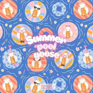 May include: A whimsical pattern featuring cartoon geese in inner tubes, wearing sunglasses, party hats, and bow ties, floating on a blue background with the text "Summer pool goose". Daisies and lavender sprigs complete the design.