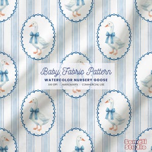 May include: A repeating pattern of white geese with blue bows, set within oval frames, on a fabric. The background features vertical blue stripes. The text "Baby Fabric Pattern" is displayed on the fabric.