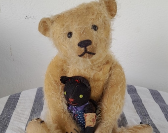 Hampton Bears, Timmy and Midnight, antique style 11 1/2” teddy bear and miniature black cat.