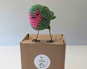 Crochet Mother's day love bird sculpture Green and Pink