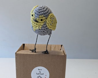 Crochet Mothers day love bird sculpture Grey and Yellow
