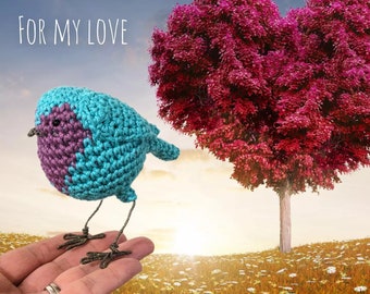 Crochet Mother's day love bird sculpture Blue and Purple.