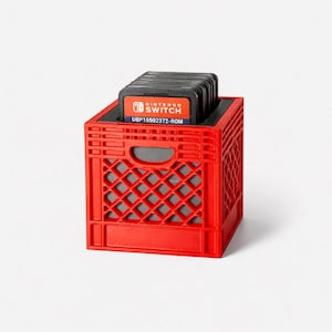 May include: A red plastic crate filled with Nintendo Switch game cartridges. The cartridges are black with a red and white label that reads "Nintendo Switch". The crate has a rectangular shape with a handle cutout.