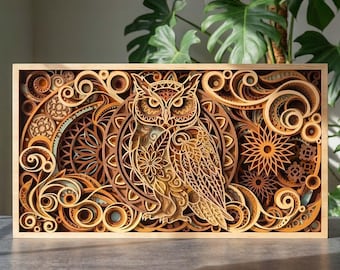 May include: A layered wooden owl art piece in a rectangular frame. The artwork features intricate cut-out designs in shades of brown, tan, and gold. The owl is centered, surrounded by swirling patterns and geometric shapes, creating a 3D effect.