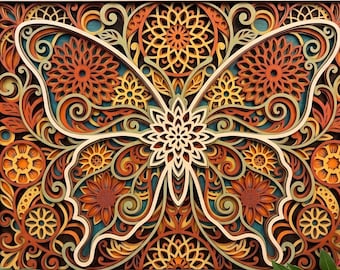 May include: A rectangular wooden wall art piece featuring a multi-layered laser-cut butterfly design. The artwork displays intricate floral and mandala patterns in shades of orange, yellow, red, and teal, set within a light-colored wooden frame.