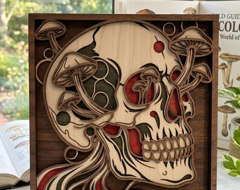 MD168 Calavera y seta en madera laminada SVG, archivo de corte láser de calavera, arte mural de madera 3D, decoración de apicultura, diseño CNC Glowforge