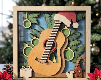 MD509 Christmas Guitar Shadow Box SVG, Gitara w czapce Mikołaja, Plik wycinany laserowo, Muzyka na ścianę, Plik CNC Glowforge