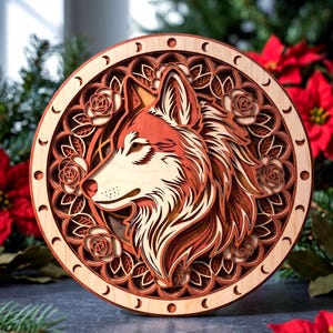 May include: A circular layered wooden wall art piece featuring a detailed profile of a wolf head at the center, surrounded by intricate floral rose patterns and a border displaying various moon phases in light and dark wood tones.