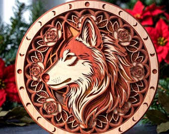 May include: A circular layered wooden wall art piece featuring a detailed profile of a wolf head at the center, surrounded by intricate floral rose patterns and a border displaying various moon phases in light and dark wood tones.