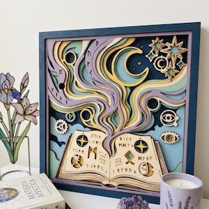 May include: A multi-layered wooden wall art piece featuring an open book with runic symbols, swirling smoke, a crescent moon, and stars in shades of blue, purple, yellow, and green, framed in a dark blue square border with a clean finish.