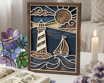 MD295 Faro Velero Madera en Capas SVG, Archivo de Corte Láser Oceánico, Arte Mural Náutico, Patrón CNC Glowforge Costa Marina