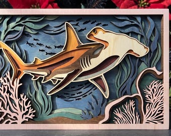 MD364 Squalo martello in legno stratificato SVG, file di taglio laser per animali marini, arte murale subacquea Glowforge CNC pesce