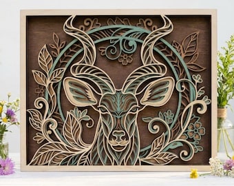 MD117 Layered Addax nasomaculatus mandala Wall Art SVG 3D Woodland Deer Laser Cut File Wood Art  CNC Laser Design laser cut svg file