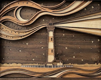 MD191 Faro láser para corte de pared SVG 3D Escena de faro en bosque Archivo de corte láser Arte en madera Diseño láser CNC Capas marinas