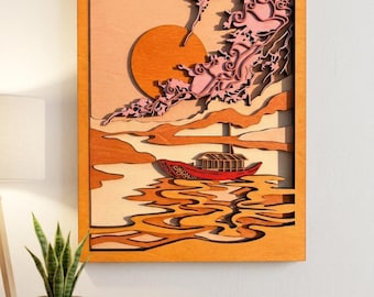 May include: A multi-layered wooden wall art piece featuring a red boat on water with a large orange sun and pink clouds in the background. The artwork is framed in a rectangular wooden border, showcasing depth through stacked laser-cut wood panels.