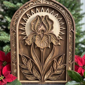 MD349 Iris fleur stratifié bois SVG, fichier découpé au laser mandala floral, art mural botanique, conception Glowforge CNC