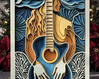 MD405 Chitarra astratta Donna Legno Stratificato SVG, Arte Musicale da Parete File Taglio Laser, Ritratto Femminile Artistico, chitarra svg, design musicale