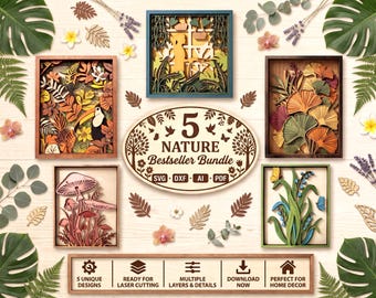 Zestaw plików wycinanych laserowo CB18 Nature, 5 plików SVG 3D z warstwami Nature Shadow Box, zestaw ściennych dekoracji leśnych, Glowforge CNC