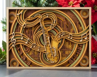 May include: A multi-layered wooden wall art piece featuring a central saxophone surrounded by swirling musical notes and a city skyline silhouette. The design uses concentric circular patterns in shades of brown, tan, and muted green, creating a dimensional effect within a rectangular wooden frame.