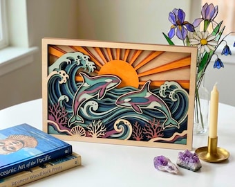 MD387 Casal de orcas a laser e ondas SVG 3D Floresta 3D Oceano Navio Mandala Arquivo de corte Arte em madeira CNC Design a laser Orca em camadas