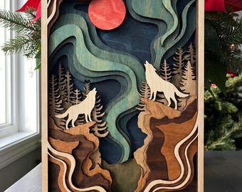 MD365 coppia Lupo Aurora Boreale Legno Stratificato SVG, Foresta Aurora File Taglio Laser, Lupo Luna Decorazione Parete Glowforge CNC