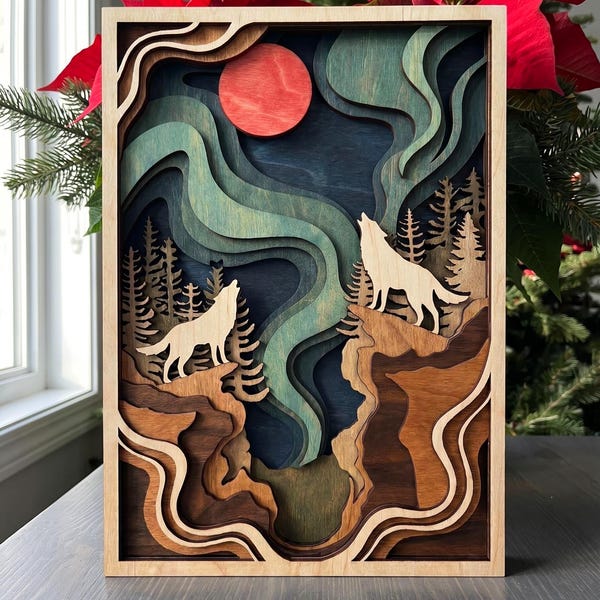 MD365 couple Wolf Northern Lights Layered Wood SVG, Aurora Forest Laser Cut File, Wolf Moon Wall Art Glowforge CNC