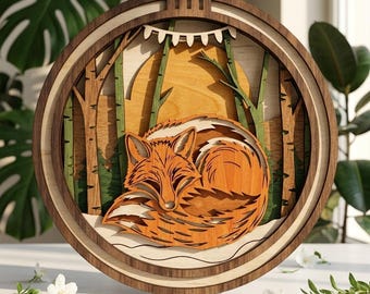 MD538 Śpiący lis SVG Okrągła grafika ścienna, Leśny lis 3D, plik laserowo wycinany warstwowo, dekoracja pokoju dziecięcego w stylu boho, Glowforge CNC