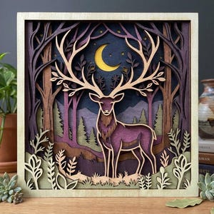 MD456 Stag Moon Forest Layered Wood SVG, Deer Laser Cut File, Woodland Night Wall Art, Glowforge CNC Pattern