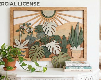 Licencia comercial Planta en capas Atardecer Arte de pared de madera SVG 3D Escena de naturaleza de bosque Archivo cortado con láser Arte de madera multicapa Láser CNC