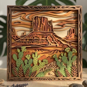 Puede incluir: Una obra de arte de madera en capas que representa un paisaje desértico con cactus y mesas. La obra de arte presenta un marco cuadrado con intrincados detalles recortados. La paleta de colores incluye tonos de marrón, naranja y verde, creando una escena cálida.