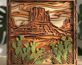 MD250 Desert Canyon Layered Wood SVG, Southwestern Landscape Laser Cut File, Cactus Desert Wall Art, Monument Valley Multi Layer Design