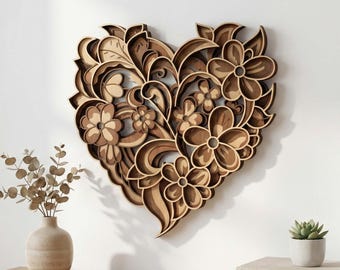 MD31 Arte de pared con láser de flores y corazones en capas SVG 3D Escena de naturaleza de bosque Archivo cortado con láser Arte de madera Diseño láser CNC Archivo SVG cortado con láser