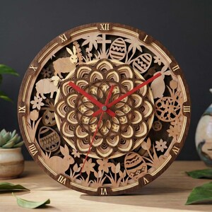 May include: A wooden Easter-themed clock with a layered design. The clock features a central floral pattern, red hands, and Roman numerals. Easter eggs, bunnies, and sheep are carved around the clock face. The clock is approximately 10 inches in diameter.