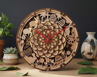 MD55 Reloj de pared 3D en capas, diseño de conejito de Pascua, arte de pared SVG, escena de naturaleza de bosque 3D, archivo cortado con láser, arte de madera multicapa, panel láser CNC