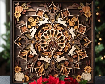 May include: A square wooden wall art piece featuring a multi-layered laser-cut design of a central turkey surrounded by rabbits, deer, squirrels, sunflowers, and pumpkins in shades of brown, tan, and orange, framed in a dark wood border.
